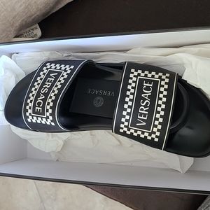 Men Black and White Checkered Slides